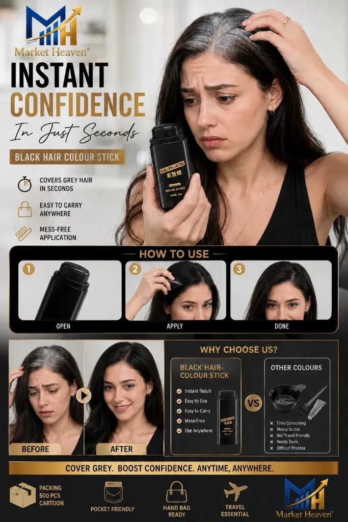 Brazik Black Hair Colour Stick for Instant Cover Hair Colour Stick for White Hair, Root Touch Up & Hairline Concealer, Instant Black Root Coverage, Temporary Hair Color, Easy to Apply, 20g