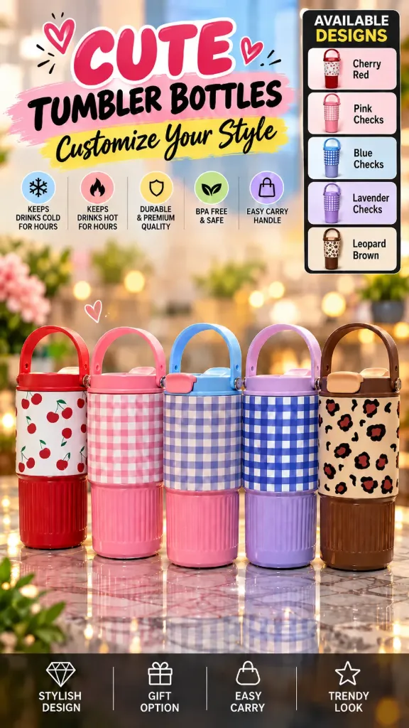 [Steel Bottle with Handle] Stainless Steel Bottle with Handle Leak Resistant Lid Insulated Design Durable Finish Printed Water Bottle for Coffee Tea Juice Travel Use (Random Color)