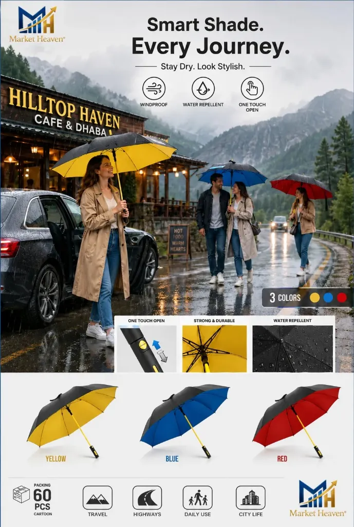 Large Windproof Heavy Duty Umbrella with Telescopic Cover | Automatic Open Oversized Rain Umbrella for 2-3 People | UV Protection, Strong Frame, Sun & Rain Protection for Men and Women - 1PCS