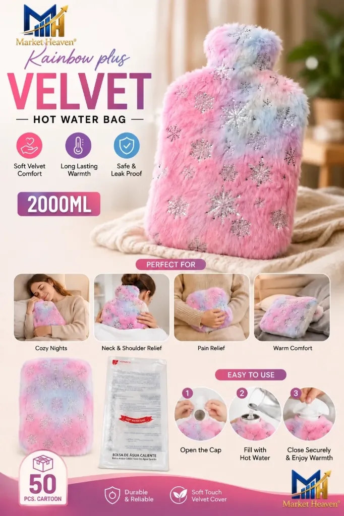 Hot Water Beg 2 Litre with Faux Fur Plush Cover, Tie-Dye, Luxury Design with Pom-Pom and (Cotton Candy Sky)