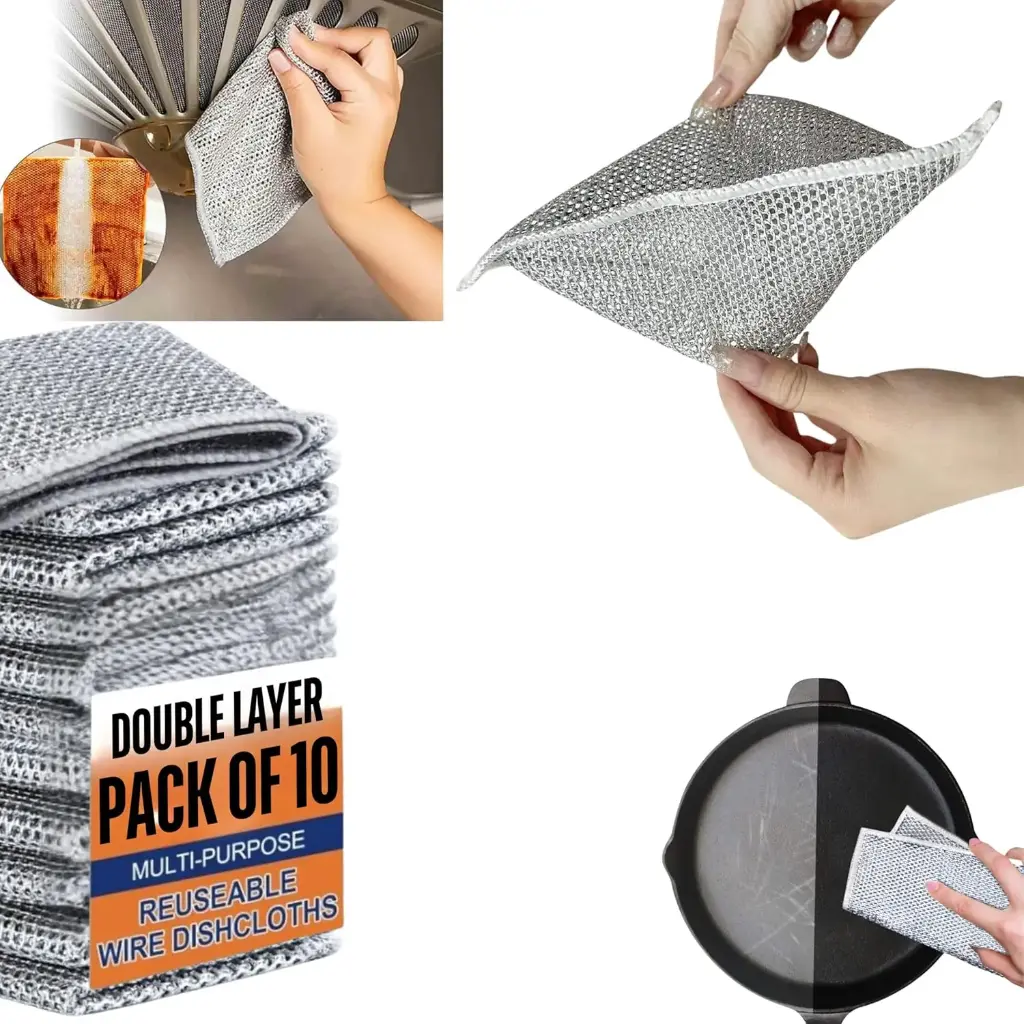 The Black Kite Double Layer Non Scratch Wire Dishwash Cloth Pack of 10 & Gap Cleaning Brush for Kitchen, Easy Rinse, Reusable Stainless Steel Scrubber for Pots, Pans, Sinks, Kitchen Counter