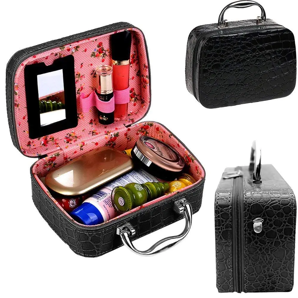 Latest Stylish Makeup Bag for Women | Cosmetic Bag | Jewellery Organizer | 20x13x8 cm Toiletry Box with Compact Magnifying Mirror for Travel (Multi-Colour)