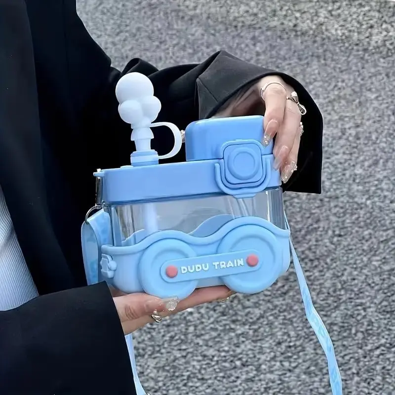 Cute Water Bottles For Kids Portable Drinking Cups Adjustable Shoulder Strap Blue