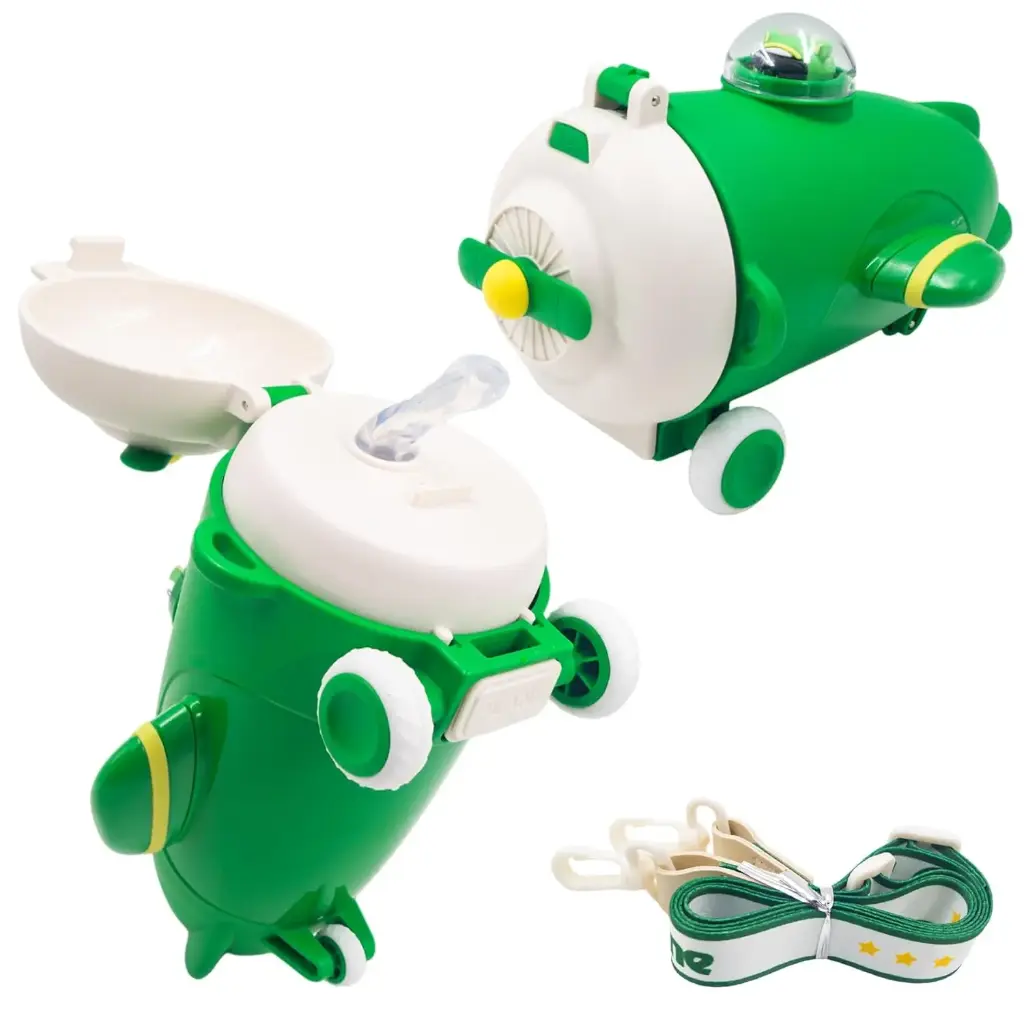 Aeroplane Shape Sipper Water Bottle for Kids, Cute Sipper Bottle with Silicone Soft Straw, Drinking Bottle with Straw, Shoulder Straps and Stickers, 3+ Years, 550 ml (Pack of 1, Green)