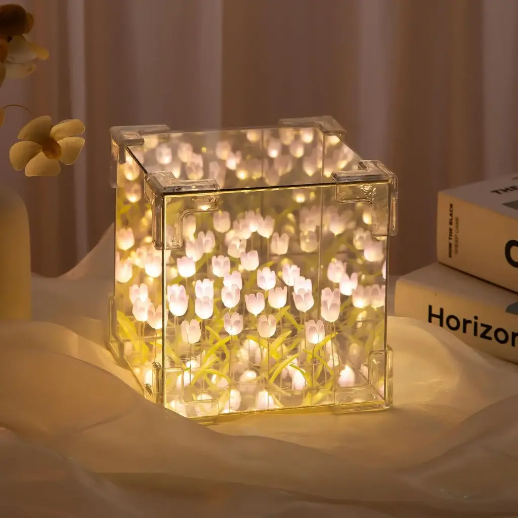 Tulip Night Light,Led Decorative Nights Lamp for Bedroom,Handmade DIY Magic Cube Tulips Flower Table Lamp and Mirror,Mother's Day Gifts for Mom, Birthday Gifts for Women and Girl(Purple-Pink Tulips)