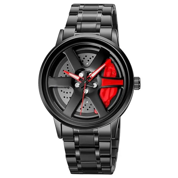 Gyro Watch- Men's Spinning Car Wheels Rolling Creative Fashion Watches for Men, Analog Watch Black Dial Zink Alloy Case Men's Watch, Black Color Stainless Steel Band, Rolling Wheel Gift Wristwatch