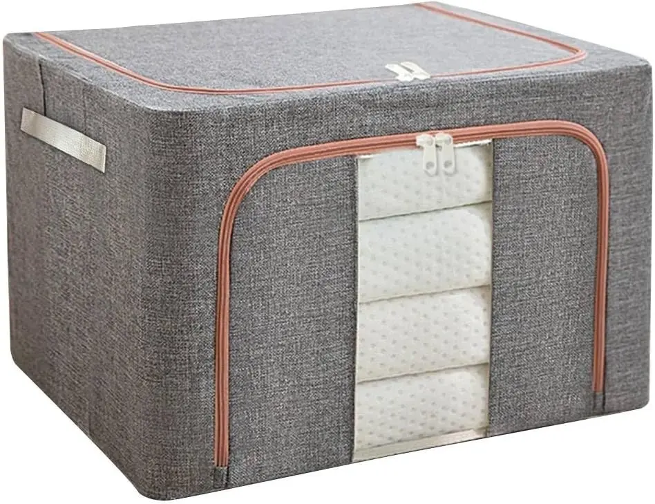 Clothes Storage Bag, Storage Bags With Zips, Oxford Fabric Storage Box with Steel Frame for Clothes Bed Sheets Blanket, Clear Window