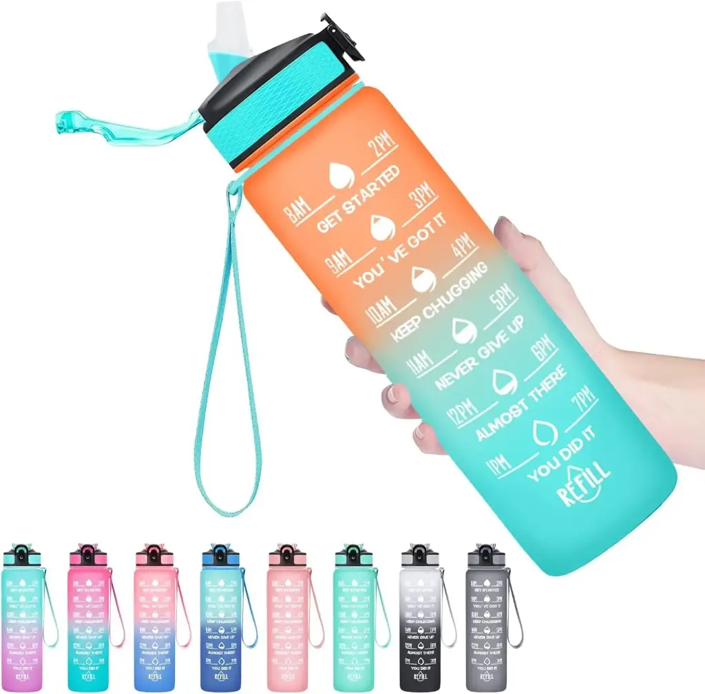 Water Bottle with Times to Drink and Straw, Motivational Time Marker Water Bottles with Strap, Leakproof & BPA Free, 1 Liter Reusable Sports Water Bottle for Fitness, Gym & Outdoors,