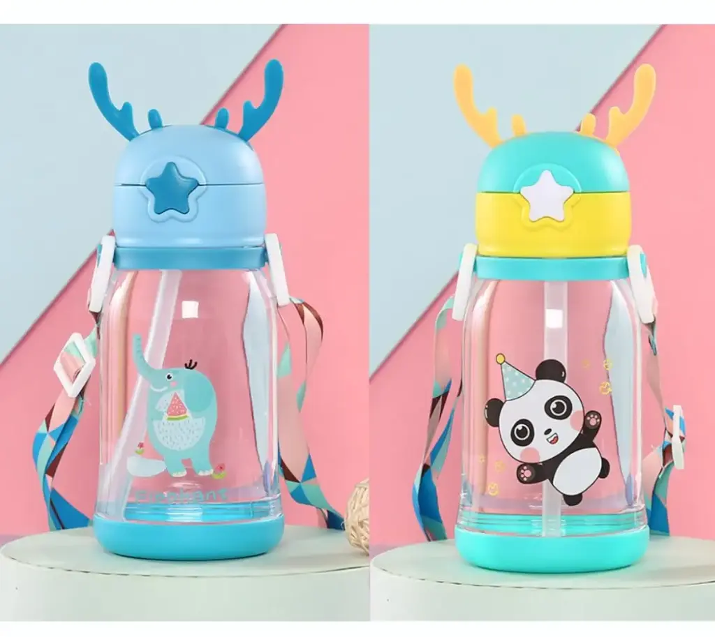 [MH-19] Antlers BPA Free Reusable leak proof Silicon Transparent Water Bottle 600ml With Strap for Kids School