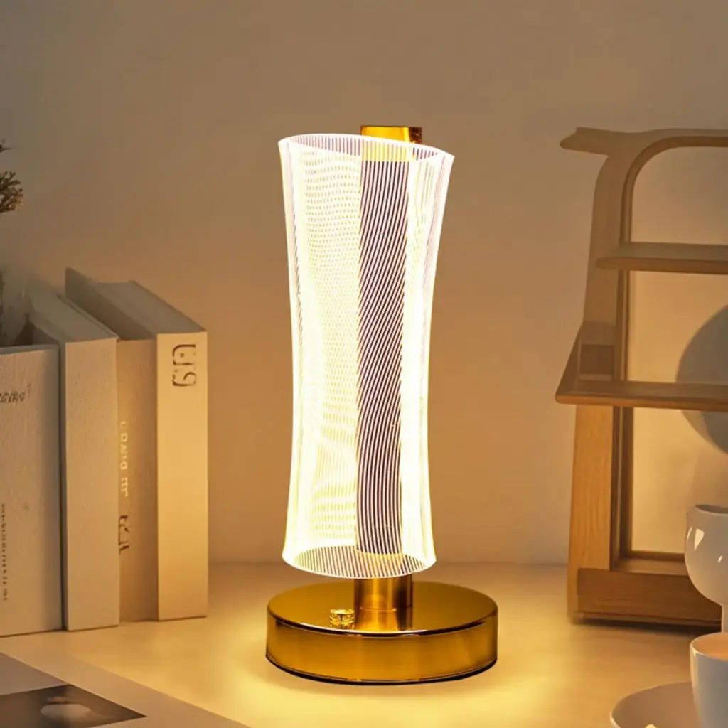 3D Acrylic LED Night Lamp with Gold Base – Starry Sky Waist Design 2, Touch Control Cordless Decorative Table Light for Bedroom, Living Room & Home Decor (Pack of 1, Plastic Body)