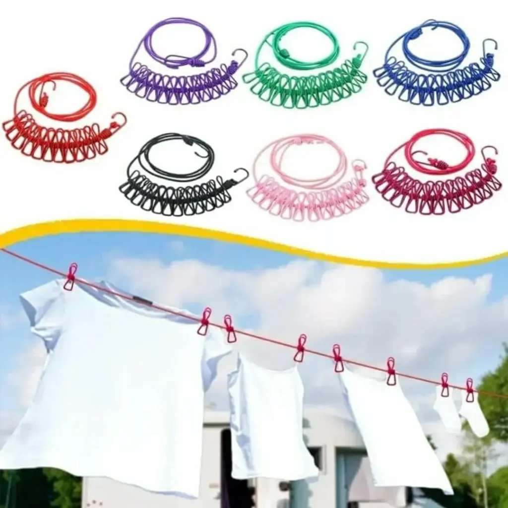 Cloth Drying Rope with Hooks - Elastic Hanging Rope for Travel, Home, and Outdoor Drying - Includes 12 Clips-Kapde Sukhane ki Rassi Wire - Multicolour