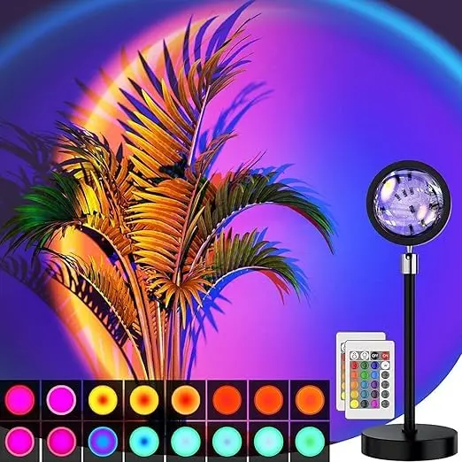 [Projection Lamp with Remote] 16 Colors Changing Sunset Projection Lamp with Remote | Romantic LED Night Light for Bedroom, Couples, Kids, Adults | Mood Lighting for Home, Living Room, Party (Multicolor, Plastic)