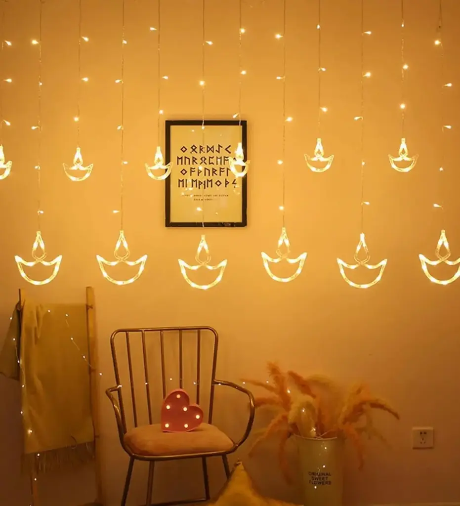 12 Diya LED Curtain String Lights – 138 LEDs, 8 Flashing Modes, Warm White Copper Wire Decorative Lights for Diwali, Christmas, Wedding, Home & Patio (Pack of 1)
