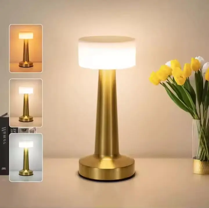 Bar Gold Metal LED Table Lamp Rechargeable with Touch Sensor, 3 Levels Brightness, Cozy Warm Lighting - Ideal Bedside Lamp or Night Light for Kids Nursery, Room Decor, Cafe & Restaurant