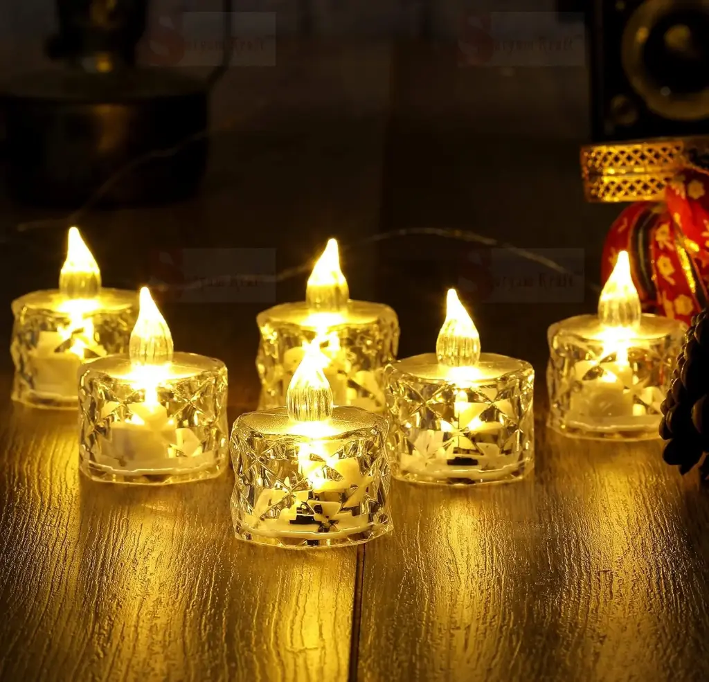 [Smokeless Decorative Candles] 12 Pcs Flameless and Smokeless Decorative Candles Transparent Acrylic Led Tea Light Candle for Christmas, Festival,Candles (12 Pieces, Yellow, 2 cm)