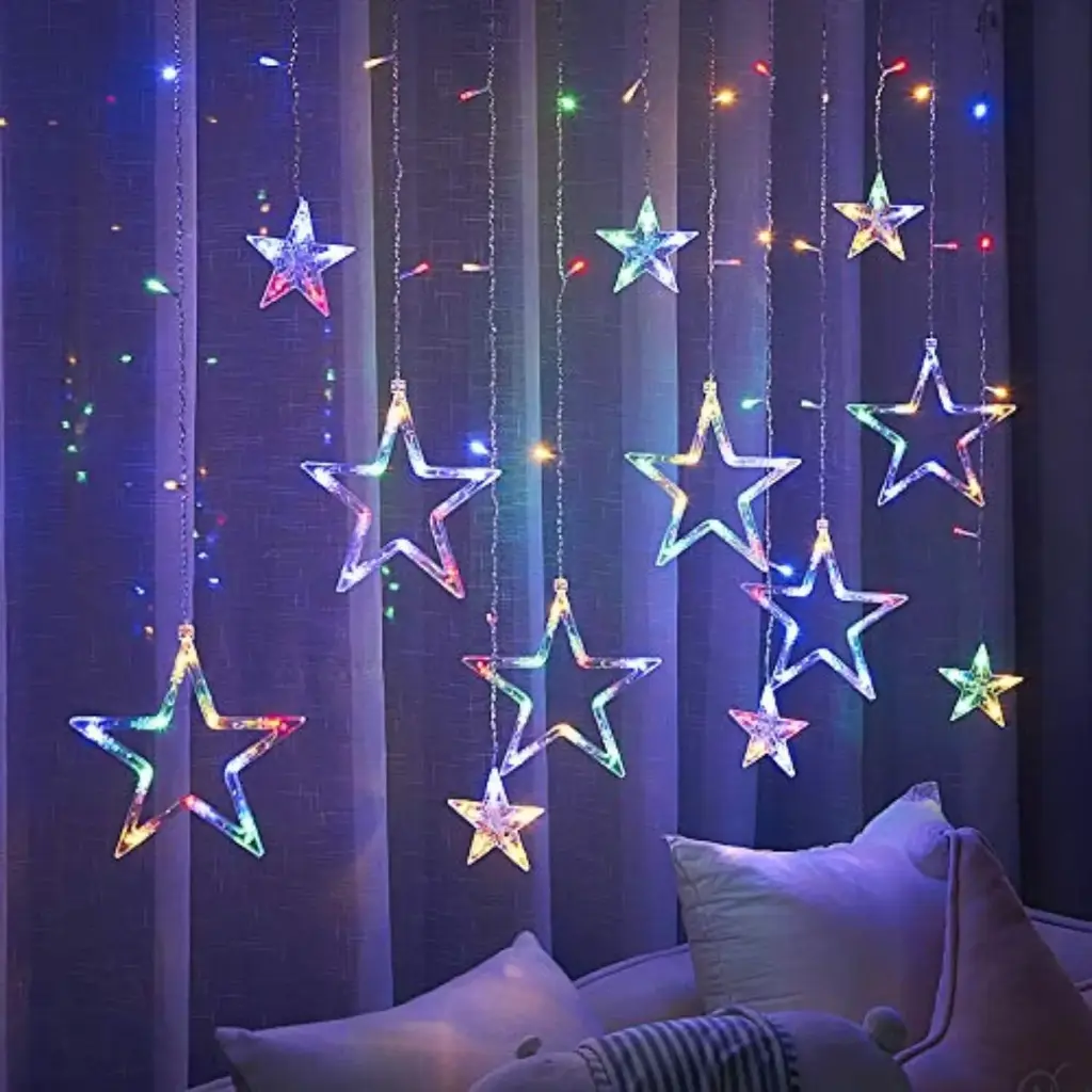 Star Curtain String Decorative LED Lights – 3 Meter Multicolor Plug-in Lights with 108 LEDs, 8 Lighting Modes (6+6 Star Design) for Wall, Corner, Festival, Party & Home Decoration