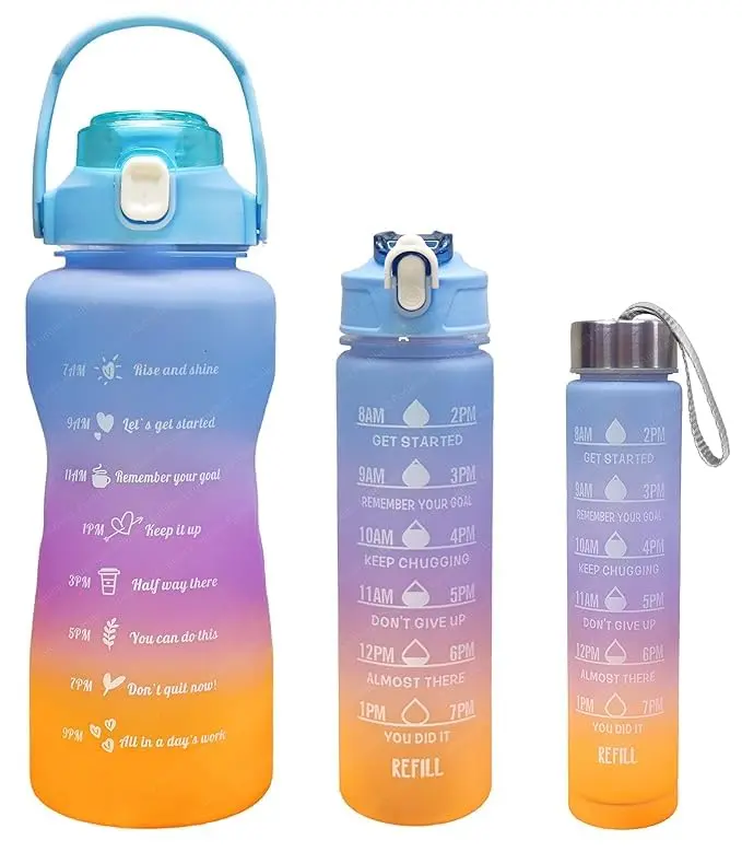 3 in 1 Set (2L, 900ML, 300ML) Bpa Free Plastic Motivational Water Bottle With Time, Capacity Marker Unbreakable, Leakproof Water Bottle For Gym, Office, Sports, hiking, cycling Water Bottle Market Heaven
