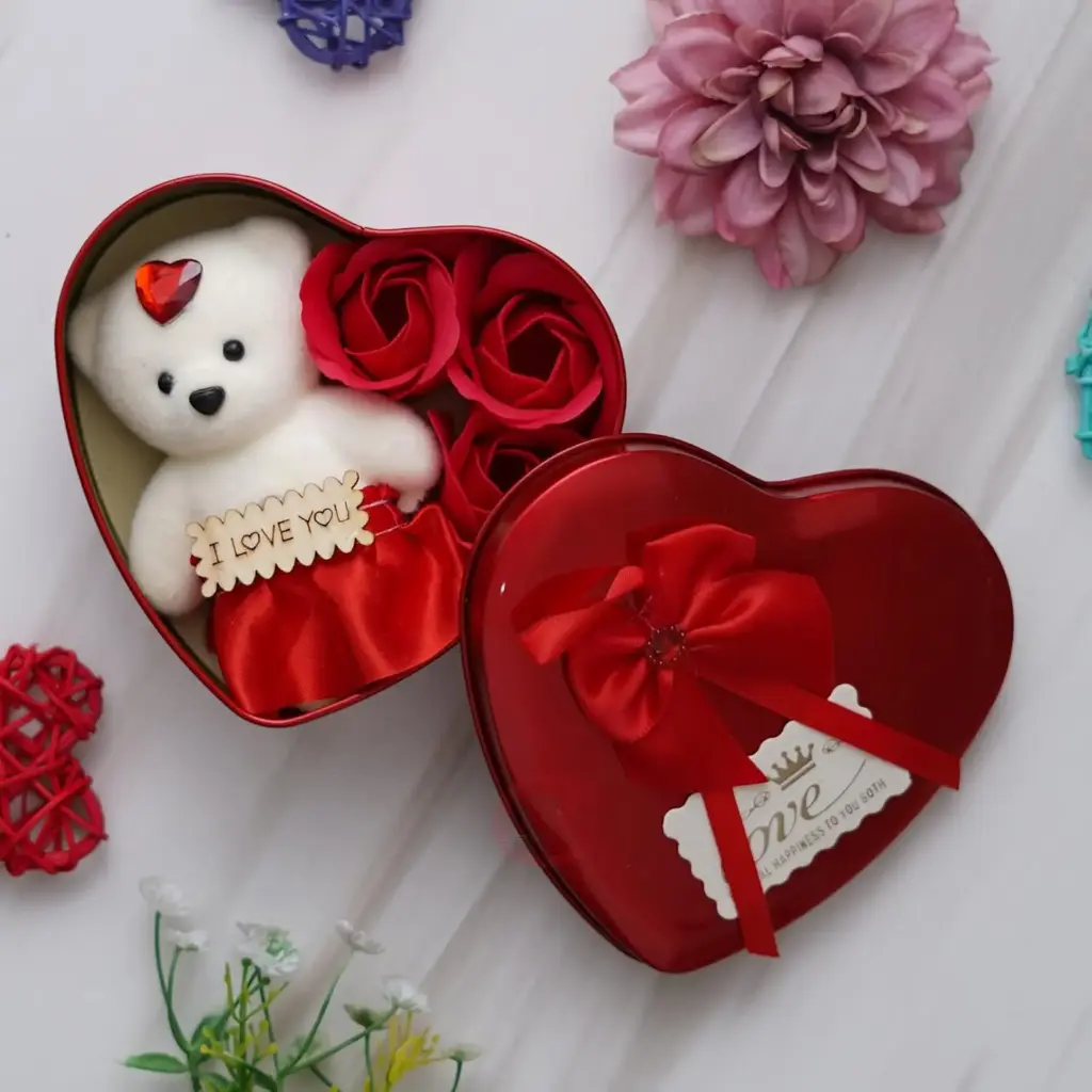 Heart Shaped Valentines Day Gift Box with I Love You Message Teddy Bear 3 Red Roses| Valentine Gift for Girlfriend Boyfriend Husband Wife|Valentine Day Gifts|Valentine Day Decoration