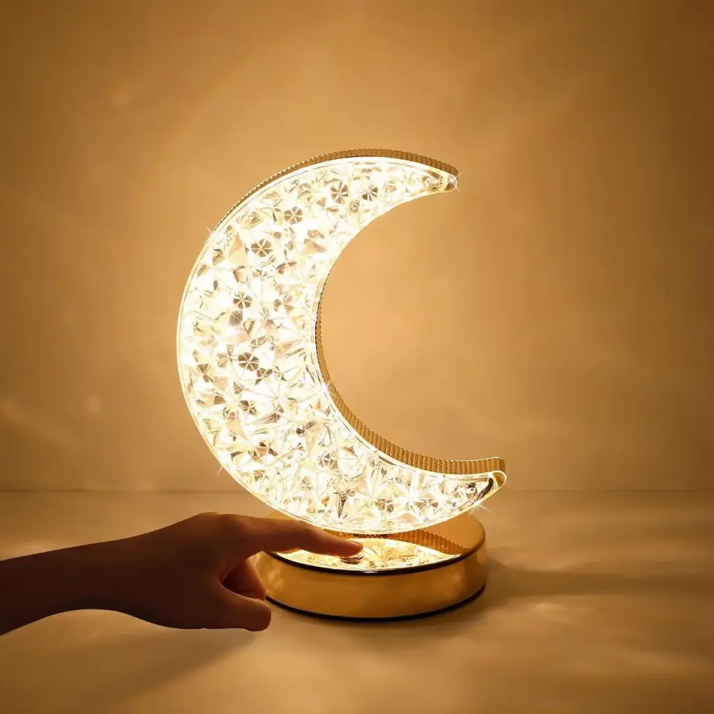 Ramadan Crystal Table Lamp, Moon Shape Night Light, Touch LED Nightstand Desk Lamp for Home Bedroom Living Room Decorations