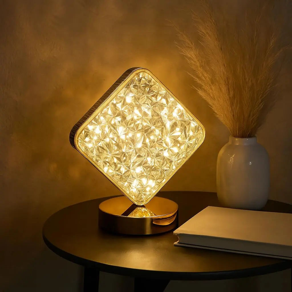 Square Shape Crystal Lamp Cordless Luxury Lamp USB Rechargeable 3-Way Dimmable Touch Control Decorative Diamond Nightstand Lamp for Bedroom, Living Room, Party, Restaurant