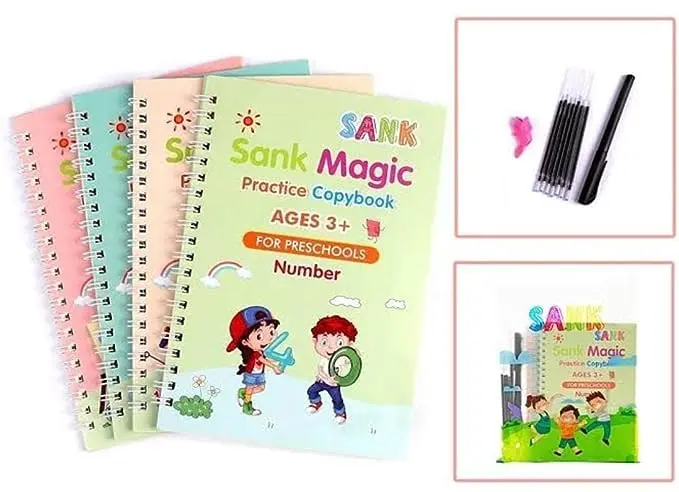 Magic Book for Kids, Sank Magic Practice Copybook, (4 Book+10 Refill+1 Pen+1 Grip) Number Tracing Book for Pre-Schoolers with Pen, Magic Calligraphy Copybook Set Writing Tool for Kids