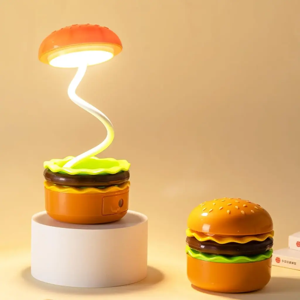 Cute Hamburger Desk Lamp with Pencil Sharpener 2 in 1 Rechargeable Multifunctional Bedside Lamp Cute Night Light Adjustable Reading Lamp for Home Bedroom Boys Girls Adults Ideal Gift