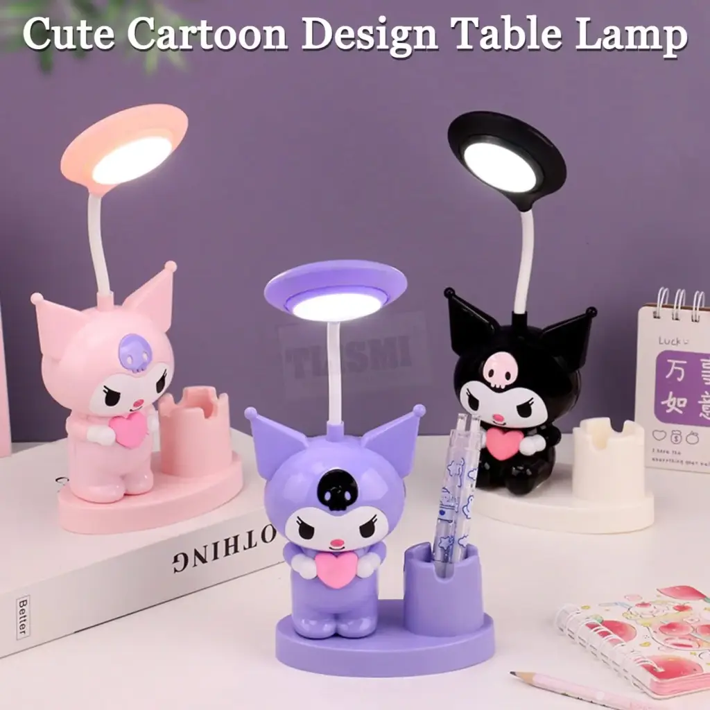 Cute Kuromi Cartoon Design Rechargeable LED Table Lamp with Pen Holder & Inbuilt Sharpener | Stylish 360° Flexible Neck Eye Protection Lighting Mini Study Desk Light for Boys and Girls