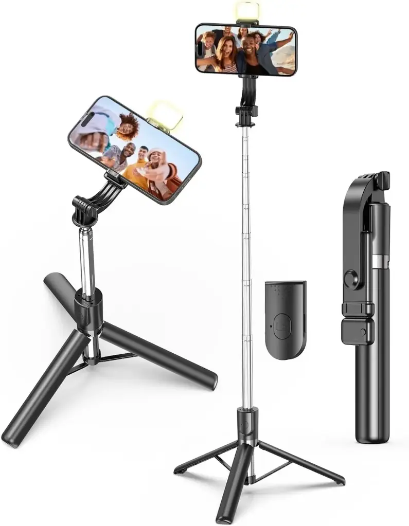 Bluetooth Extendable Selfie Sticks with Wireless Remote and Tripod Stand with LED Light, 4-in-1 Multifunctional Selfie Stick Compatible with All Android Smartphones & Other (R1-L)