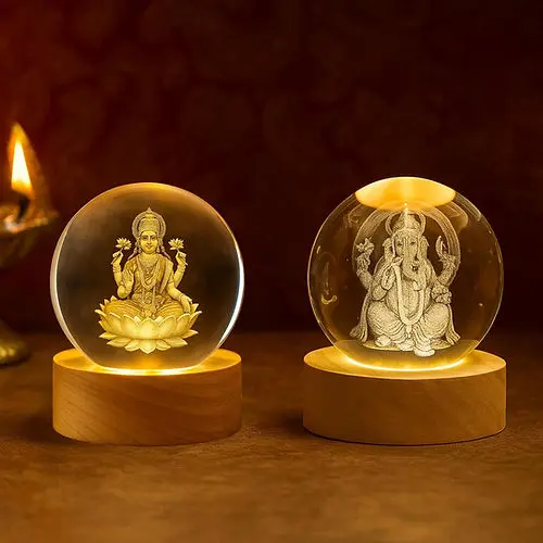 Premium 3D Crystal Glass Lakshmi & Ganesha Globe Set with LED Wooden Base