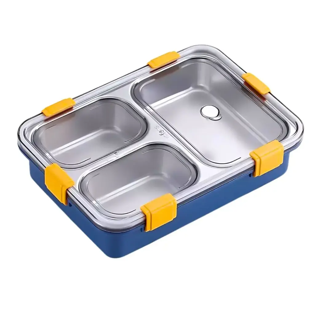 Kitchen Bloom Stainless Steel Lunch Box 3 Compartment with Steel Cutlery, Heating Insulation | Lunch Box for Office Men, Women & Kids | Tiffin Box (750 ml - 3 Compartment Bento, Random Color)