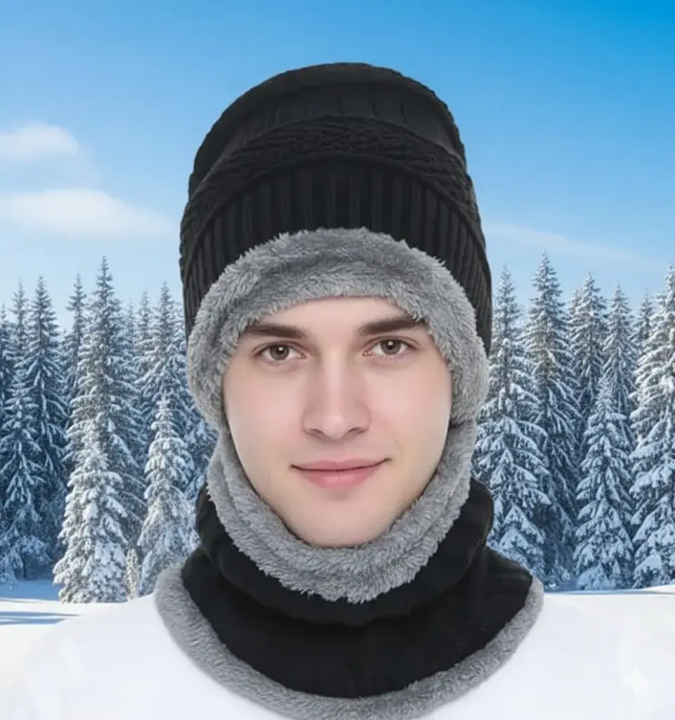 Woolen Winter Cap & Neck Warmer Set for Men & Women – Fleece-Lined Beanie Hat & Muffler Combo for Cold Weather – Warm Stretchable Thermal Snow Cap for Outdoor Use