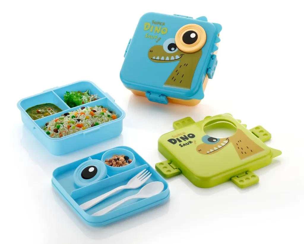 [3-Compartment Super Dinosaur Kids Lunch Box] 3-Compartment Super Dinosaur Kids Lunch Box – Leak-Proof & BPA-Free Bento Box with Platic Tray, Spoon & Container for School, Office, Travel – 1020ml + 70ml, (Green, Super Dinosaur) Pack Of 1