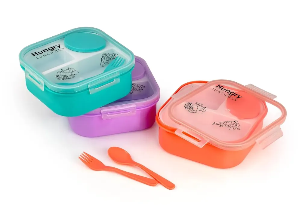 [Plastic 3 Compartment Lunch Box] Plastic 3 Compartment Lunch Box with Spoon Leakproof Lunch Dabba, Tiffine Box 1 Small Container