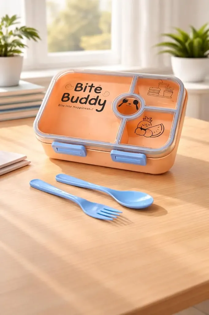 [Bite Buddy Lunch Box,] Bite Buddy Lunch Box, Orange Multi-Compartment Food Container with Spoon