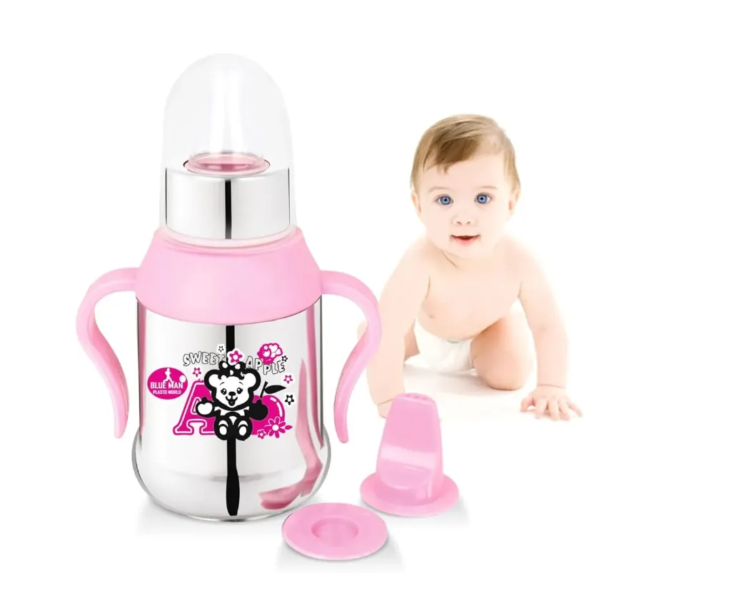 [Stainless Steel Baby Feeding Bottle] Stainless Steel Baby Feeding Bottle with Handlesk | 3-in-1 Sipper, Spill-Proof Feeding Cup with Silicone Nipple & Spout | BPA Free, Durable Baby Feeder for Boys & Girls (Pink) pack Of 1