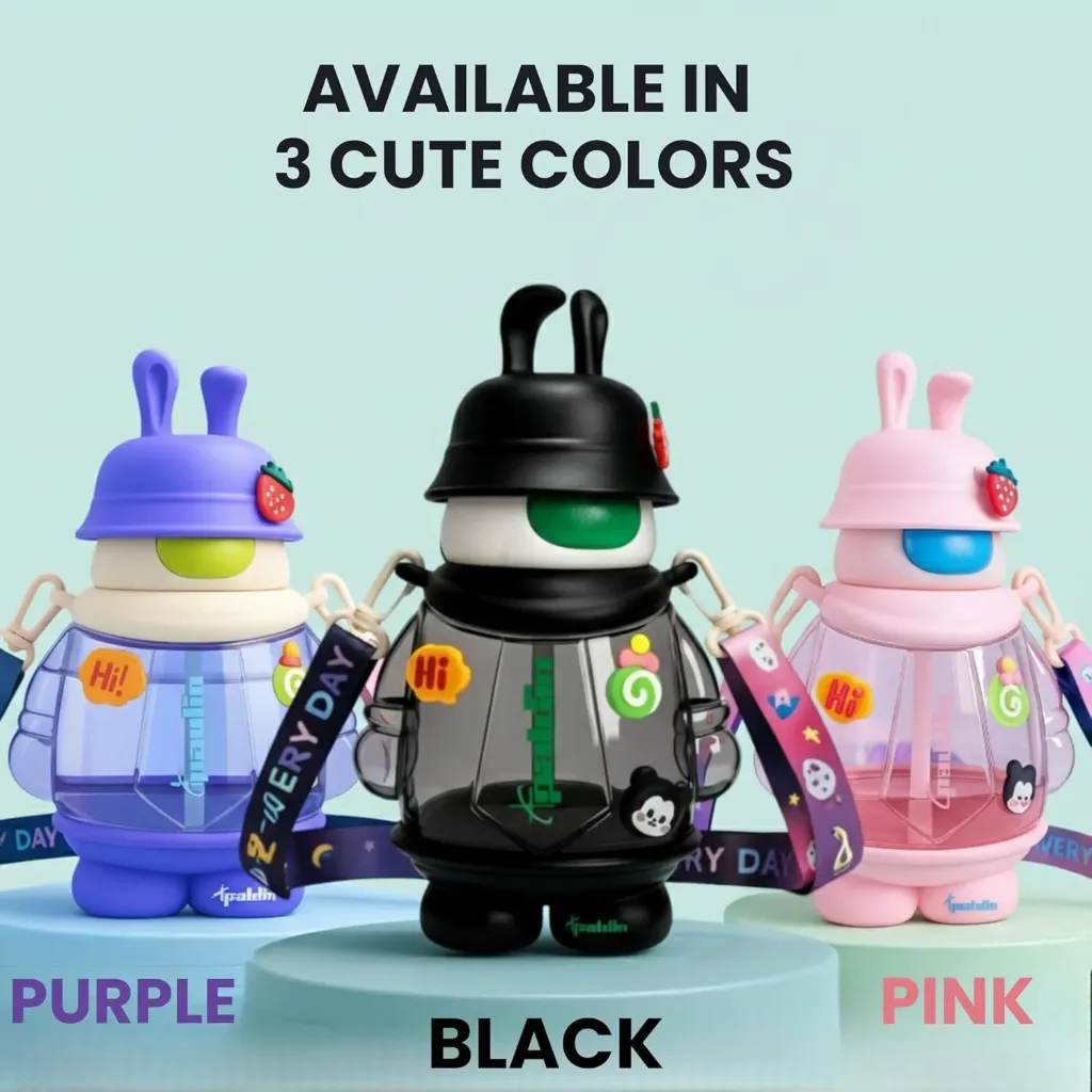 Kids Water Bottle - Cute Rabbit design, Straw, Shoulder Strap, Stickers, Leak-Proof - Sipper Bottle for School, Travel, Picnic & Play, Easy Carry Bottle for Kids Girls & Boys (Black) Pack Of 1