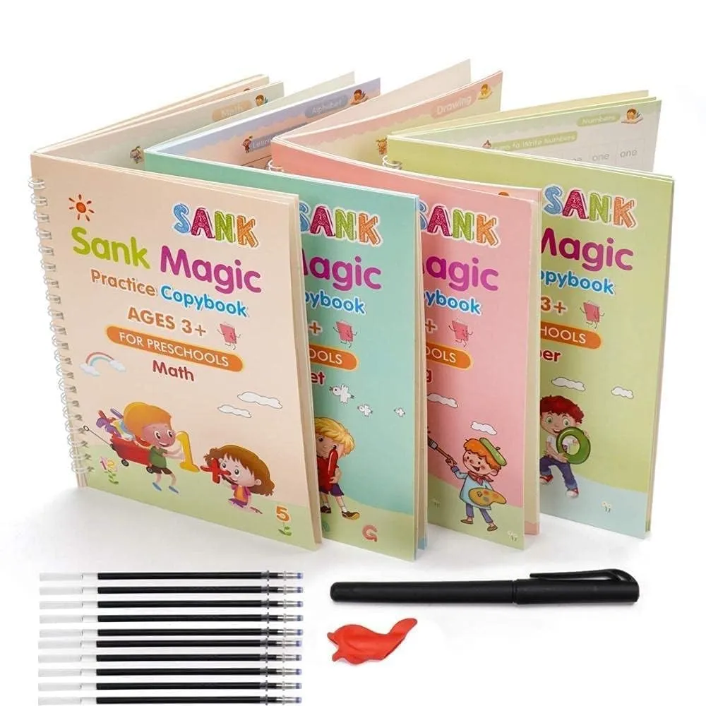 Sank Magic Practice Copybook Set for Ages 3+, 4 Books with Pens, Grips, Refills for Preschool Learning, Alphabet, Numbers, Math, Drawing Pack Of 1
