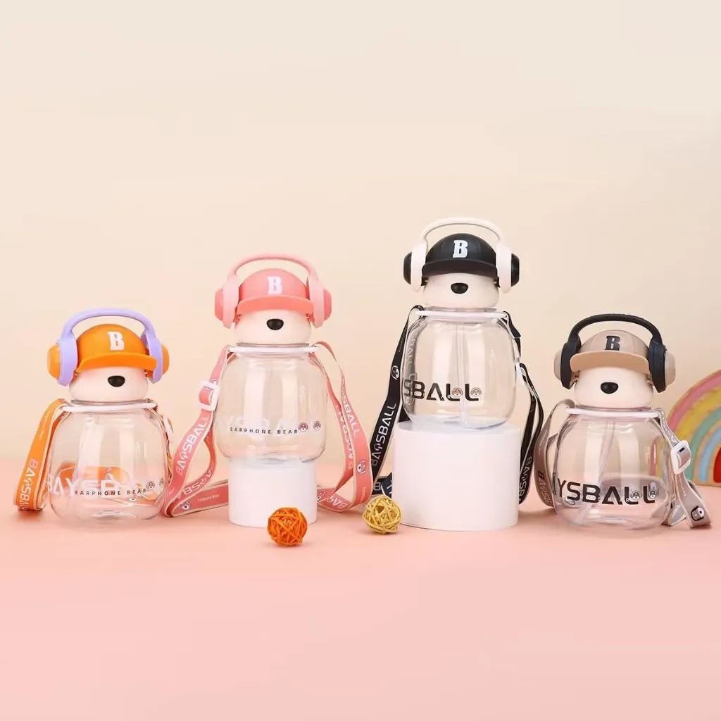[Water Bottle with Headphone Cap] Water Bottle with Headphone Cap 650ml, Glass Container, Cute Bear Design  Pack Of 1