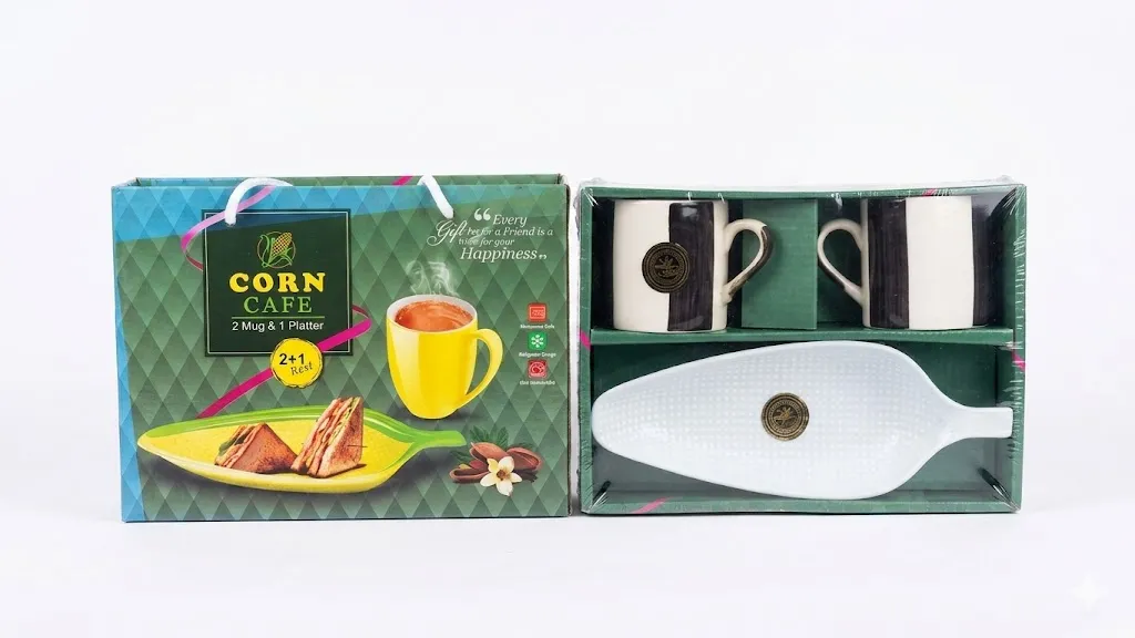 [Tea/Cups Set] Corn Cafe Ceramic Tea/Cups Set Including Plastic Leaf Shape Serving Platter Milk Cup, Coffee Cup, Tea Cup, Breakfast Cup/Mug, or Outdoor for Household Gift for Birthday (3 Pcs Set)