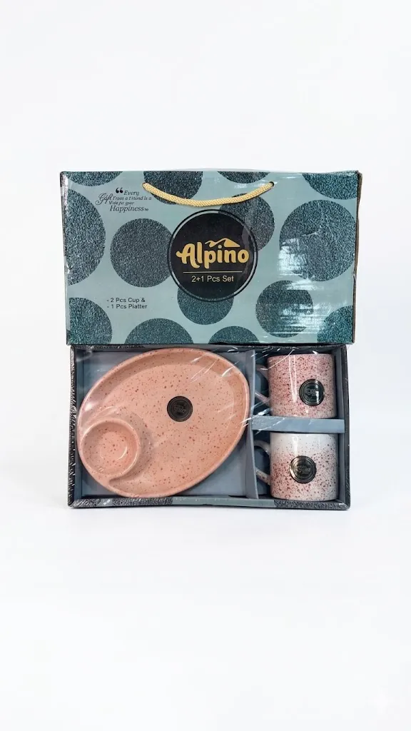 Dinner Set 2+1 Piece Tea Set, Ceramic Cups with Pink Speckled Design and Serving Plate