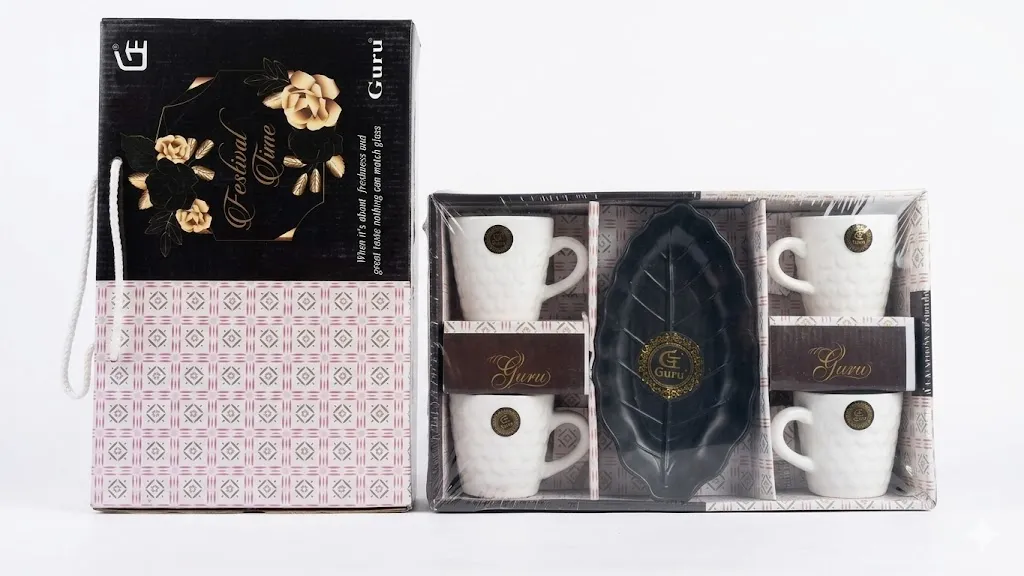 [Ceramic Leaf Tray Cup Set] Set of 4 Tea Mugs with Serving Tray