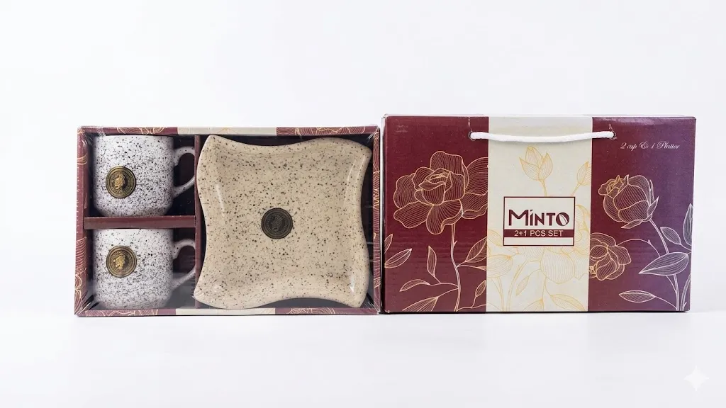 [Tea Cup and Snacks Platter Set] minto Ceramic Tea Cup and Snacks Platter Set | 2 Cups (150 ml Each) and 1 Platter