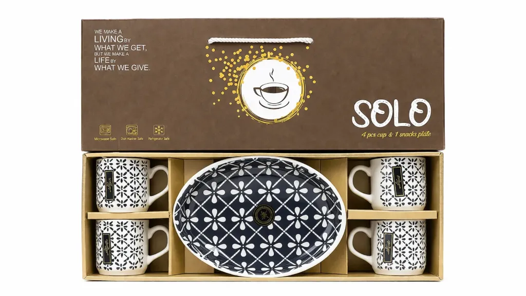 Clay Craft Fine Ceramic Melon White-Black Print Coffee/Tea Cup 4 trey1 Set