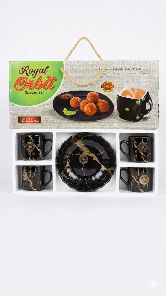 Elegant Ceramic 4 Cup Set with Serving Platter – Handcrafted Stoneware for Tea, Coffee & Snacks (Black)