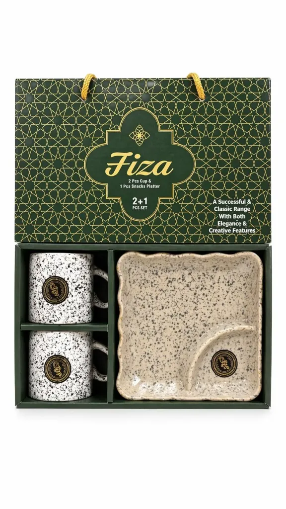 Ceramic Tea Cup and Snacks Platter Set | 2 Cups (150 ml Each) and 1 Platter | Greyish | Microwave Safe | Ideal Gift Set