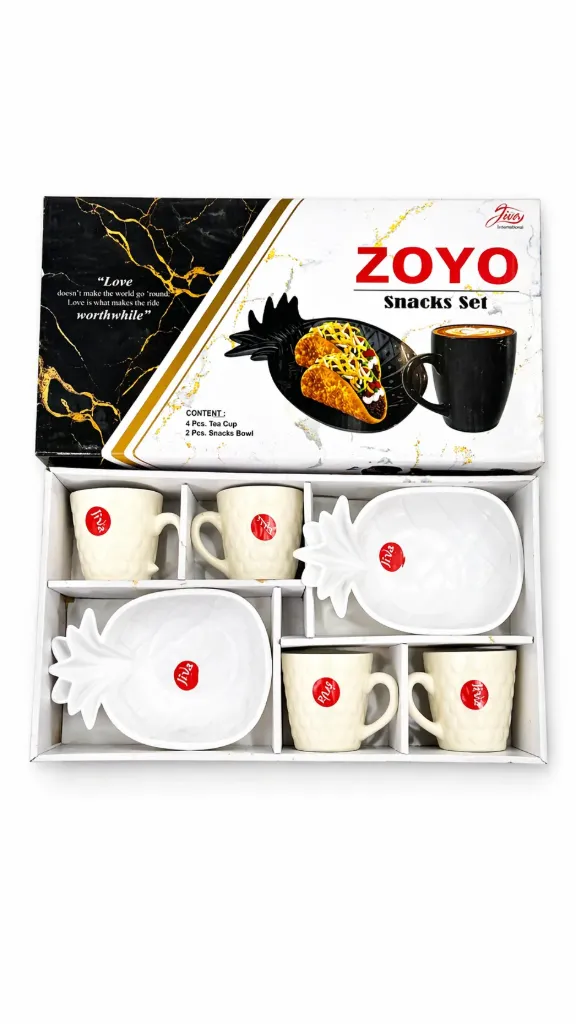 Modern Textured Finish Pineapple Shape Ceramic Serving Bowl & 4 Textured Cups Gift Combo Set for Serving Tea Coffee & Snacks