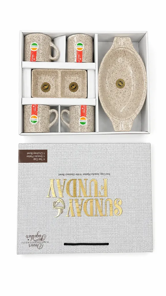 Sunday Funday Cup Set of 4 PCS & ONE Snacks Plate and ONE Small Plate Best Item for Wedding and Festival Gifts Ceramic Item