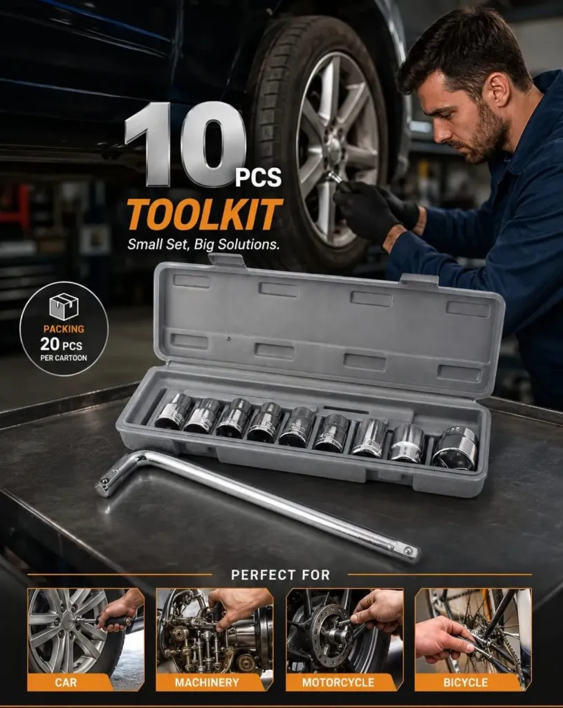 [Tool Box for Automobiles/Bike/Car] 10 Pcs 1/2 Socket Wrench Spanner Repair Tool Box for Automobiles/Bike/Car - Goti Set With Socket and Box End