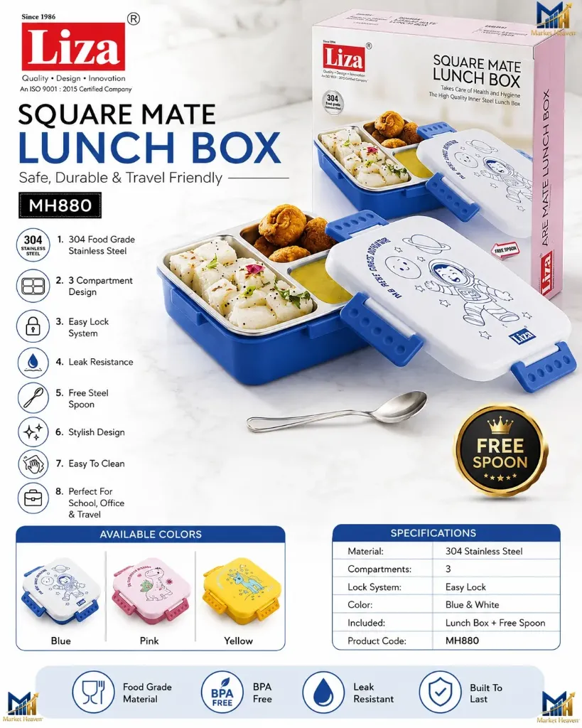Square Mate Kids Lunch Box with Stainless Steel Inner | 650Ml Leak-Proof Tiffin Box pack Of 1