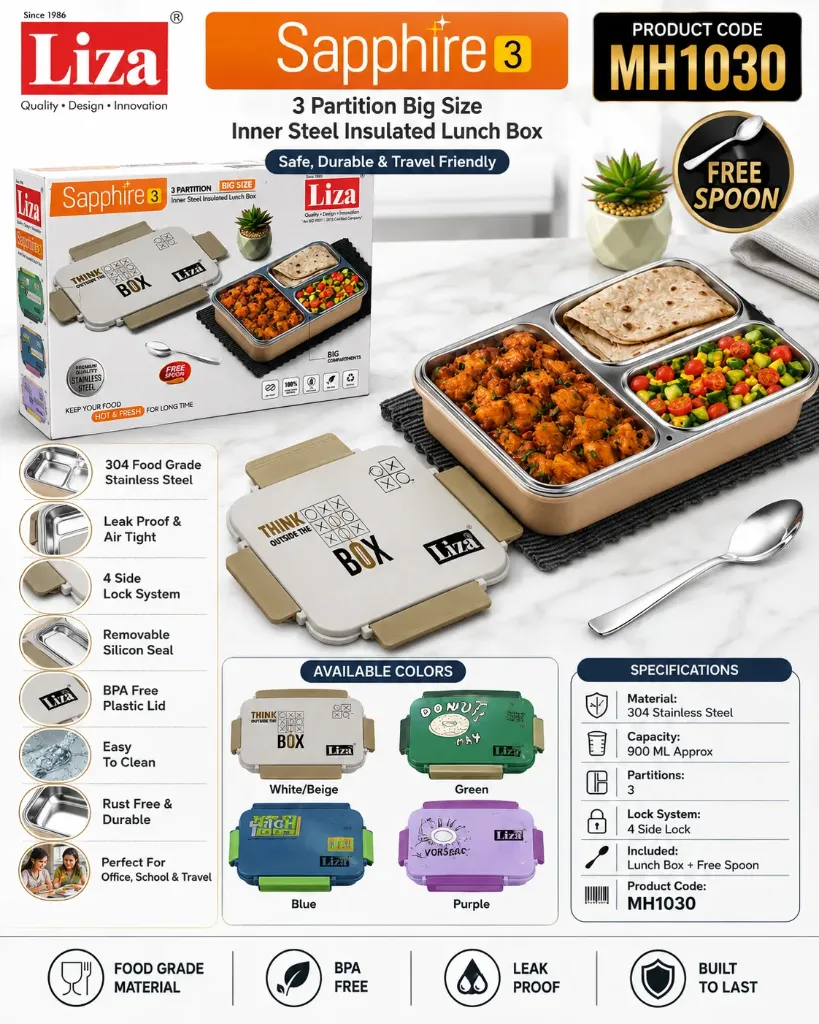 Sapphire 3 3 Partition Big Size Inner Steel Insulated Lunch Box